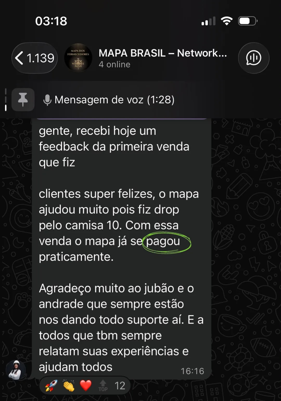 Relato: com essa venda o mapa já se pagou